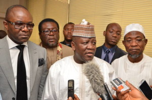 (L-R) Honourable Minister of State for Petroleum Resources and Group Managing Director of the NNPC, Dr. Ibe Kachikwu, Mallam Abdulaziz Yari, Chairman of the Nigerian Governors Forum, and Engr. Rauf Aregbesola, Governor of the State of Osun during a visit of the delegation of the NGF to the NNPC Towers Abuja…Thursday. (Pic: Group Public Affairs Division, NNPC)