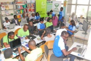 Improving women-related contents on Wikipedia: an edit-a-thon session in progress at the Goethe Institute in Lagos featuring selected NGO's participating the 'Wiki Loves Women' project recently