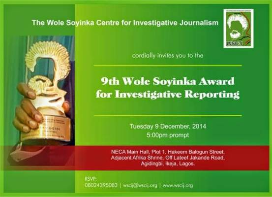 9th Wole Soyinka Award for Investigative Reporting holds Tuesday, Dec. 9 in Lagos