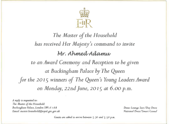 Nigeria's Ahmed Adamu invited by Her Majesty Queen Elizabeth II to the 2015 Queen's Young Leaders Award