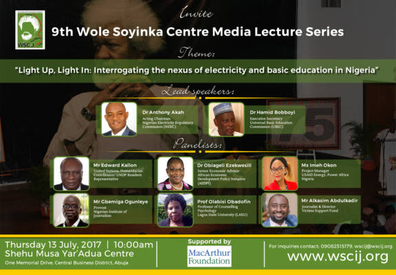 UBEC, NERC, others to focus on nexus between basic education and electricity at 9th Wole Soyinka Centre Media Lecture Series